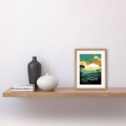 "Artery8 Wall Art Print Mount Fuji Sunrise Landscape in Teal Blue & Tan Artwork Framed 9X7 Inch in Beige - Size: W7"" x H9""" - thumbnail 2