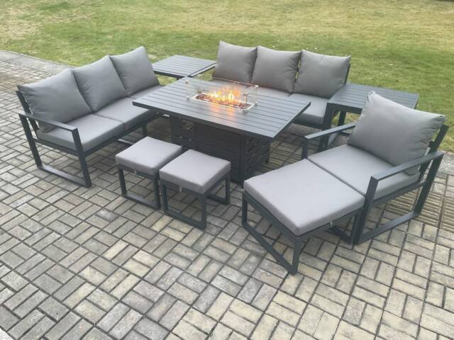Fimous Aluminium 9 Pieces Garden Furniture Sofa Set with Cushions 10 Seater Gas Fire Pit Dining Table Set with 2 Side Tables 3 Footstools in Dark Grey - image 1