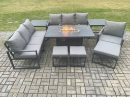 Fimous Aluminium 9 Pieces Garden Furniture Sofa Set with Cushions 10 Seater Gas Fire Pit Dining Table Set with 2 Side Tables 3 Footstools in Dark Grey - thumbnail 2