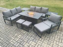 Fimous Aluminium 9 Pieces Garden Furniture Sofa Set with Cushions 10 Seater Gas Fire Pit Dining Table Set with 2 Side Tables 3 Footstools in Dark Grey - thumbnail 1