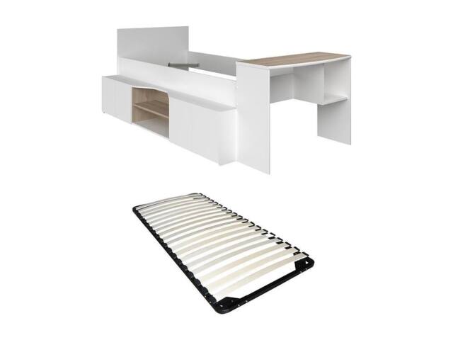 Vente-unique Combination Bed 90 X 190/200 Cm With Desk & Storage - White and in Light Oak - Size: Single - image 1