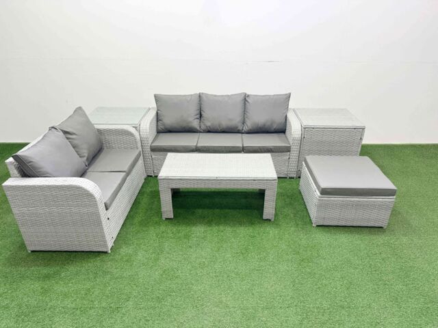 Fimous 6 Seater PE Rattan Wicker Garden Furniture Patio Conservatory Sofa Set w/ Oblong Coffee Table 3 Seater Sofa Love Sofa Big Footstool 2 Side - image 1