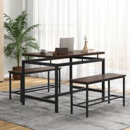 Costway 3 PCS Kitchen Dining Table Set for 4 Wooden Kitchen Table with 2 Benches in Brown - thumbnail 6
