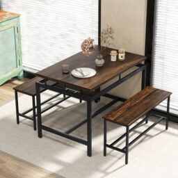 Costway 3 PCS Kitchen Dining Table Set for 4 Wooden Kitchen Table with 2 Benches in Brown