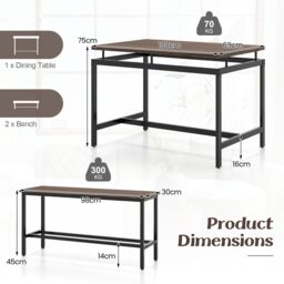 Costway 3 PCS Kitchen Dining Table Set for 4 Wooden Kitchen Table with 2 Benches in Brown - thumbnail 3