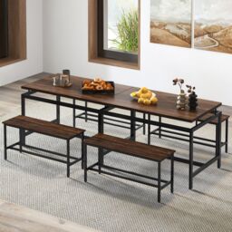 Costway 3 PCS Kitchen Dining Table Set for 4 Wooden Kitchen Table with 2 Benches in Brown - thumbnail 5