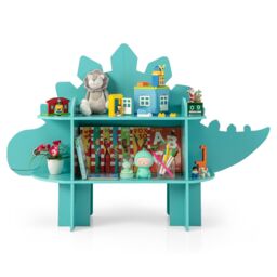 Costway Dinosaur Bookcase 2-Tier Toy Storage Organizer Wooden Bookshelf in Green - thumbnail 1