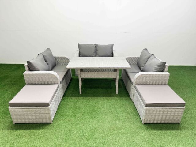 Fimous 8 Seater PE Wicker Rattan Furniture Sofa Sets with Rectangular Dining Table 2 Seater Love Sofa 2 Big Footstool Light Grey - image 1