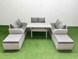 Fimous 8 Seater PE Wicker Rattan Furniture Sofa Sets with Rectangular Dining Table 2 Seater Love Sofa 2 Big Footstool Light Grey - thumbnail 2