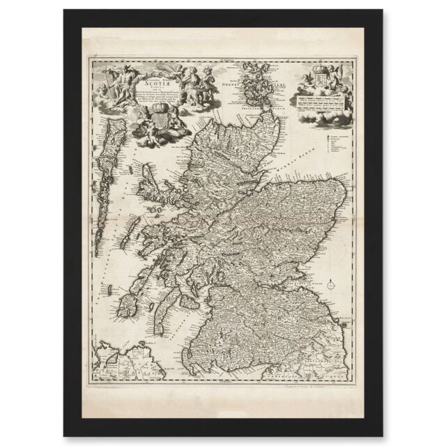 Artery8 Visscher 1689 Antique Pictorial Map Kingdom Scotland UK Artwork Framed Wall Art Print A4 in Black - image 1