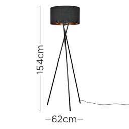 ValueLights Camden Black Tripod Floor Lamp with Black & Gold Lamp Shade & Bulb - thumbnail 3