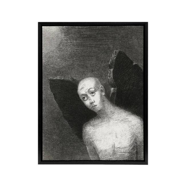 "Artery8 Fallen Angel Spreads Black Wings Redon Vintage Framed Canvas Wall Art in Grey - Size: W12"" x H16""" - image 1