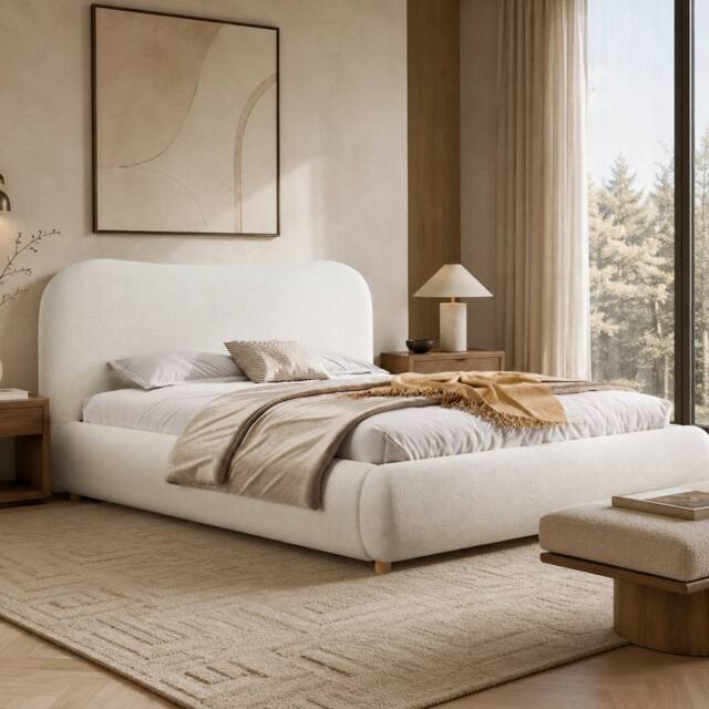 ModernLuxe Boucle upholstered ottoman bed frame with curved headboard in White - Size: King - image 1