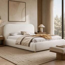 ModernLuxe Boucle upholstered ottoman bed frame with curved headboard in White - Size: King