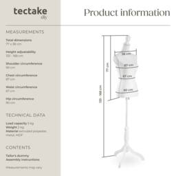 tectake Tailors Dummy - Female Mannequin Torso With Wooden Stand in White - Size: Medium - thumbnail 6