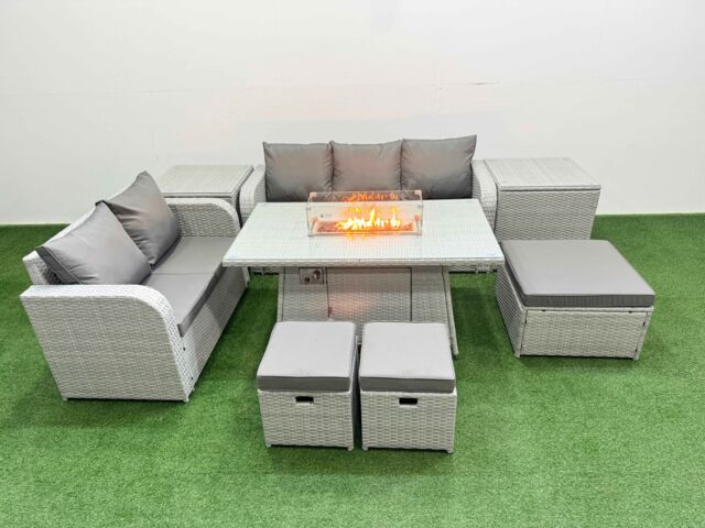 Fimous 8 Seater PE Rattan Wicker Garden Furniture Patio Conservatory Sofa Set with Firepit Dining Table 3 Seater Sofa Love Sofa 3 Stool 2 Side Table - image 1