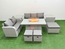 Fimous 8 Seater PE Rattan Wicker Garden Furniture Patio Conservatory Sofa Set with Firepit Dining Table 3 Seater Sofa Love Sofa 3 Stool 2 Side Table - thumbnail 1