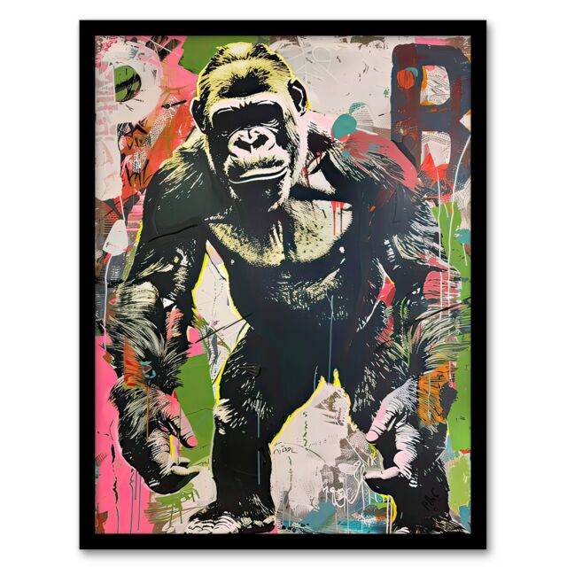 Artery8 Standing Gorilla Street Graffiti Artwork Modern Framed Art Print - Size: A4 - image 1