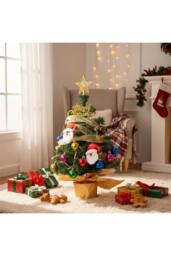Living and Home Mini Christmas Tree in Gold Pot with Lights, Balls, Santa & Star Topping - thumbnail 2