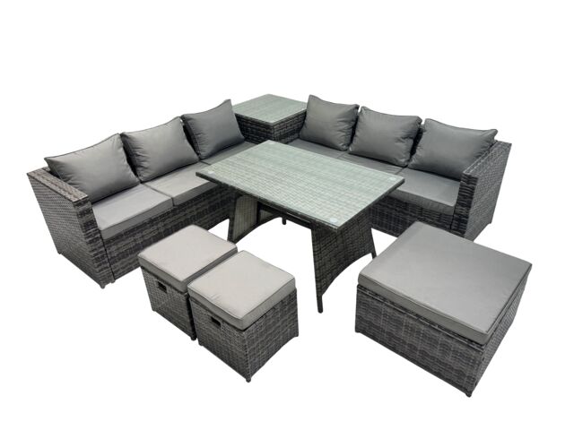 Fimous Garden Rattan Furniture Set 9 Seater with Side Table 3 Stool Dark Grey - image 1