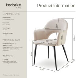 tectake Dining Chair Sasha Set Of 2 - Cream - Size: 2 Pack - thumbnail 6
