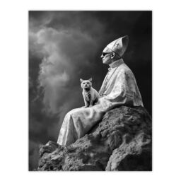 "Artery8 Cat Lover Pope Sunglasses Black White Surreal Wall Art Print in Grey - Size: W18"" x H24""" - thumbnail 1