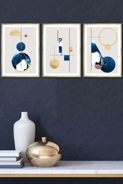 ARTZE Abstract Textured Geometric Art in Navy Blue & Gold Framed Wall Art - Medium in Metallic Gold - Size: W45 cm x H62 cm x D20mm - image 1