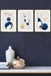 ARTZE Abstract Textured Geometric Art in Navy Blue & Gold Framed Wall Art - Medium in Metallic Gold - Size: W45 cm x H62 cm x D20mm