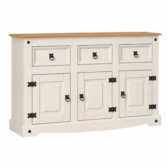 Hinsinc White Mexican Style 3 Door 3 Drawer Pine Sideboard - Size: 0.6m2 - image 1
