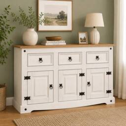 Hinsinc White Mexican Style 3 Door 3 Drawer Pine Sideboard - Size: 0.6m2 - thumbnail 4
