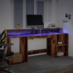 Berkfield Home Desk with LED Lights Old Wood 200x55x91 cm Engineered Wood in Brown - Size: 200 x 55 x 91 cm - thumbnail 5