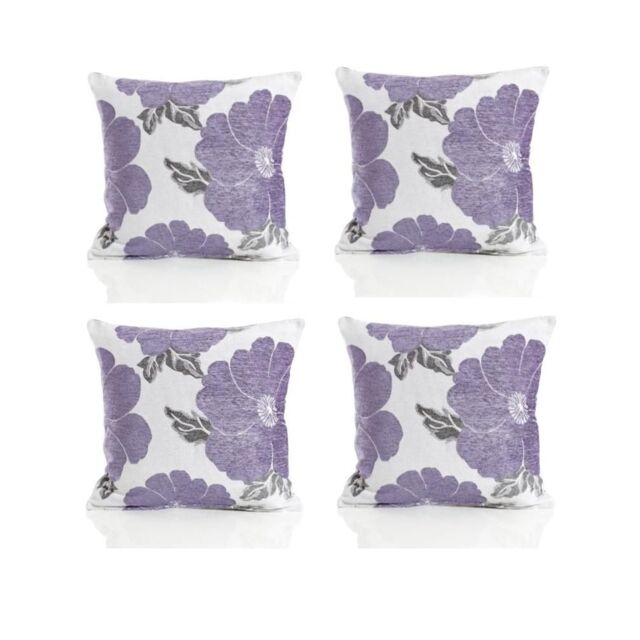 Luxury Living Poppy Chenille Cushions Set of 4 - Luxurious Floral Design, Thick Jacquard Fabric, Easy-Care with Wide Zip - Size: 45 cm x 45 cm