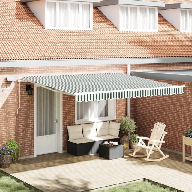 Berkfield Home Manual Retractable Awning with LED Green & White 400x300 cm