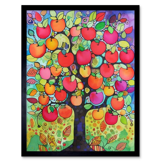 "Artery8 Wall Art Print Apple Tree Folk Art Bright Watercolour Painting Art Framed in Black - Size: W12"" x H16""" - image 1