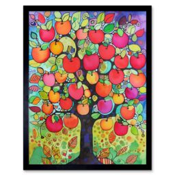 "Artery8 Wall Art Print Apple Tree Folk Art Bright Watercolour Painting Art Framed in Black - Size: W12"" x H16""" - thumbnail 1