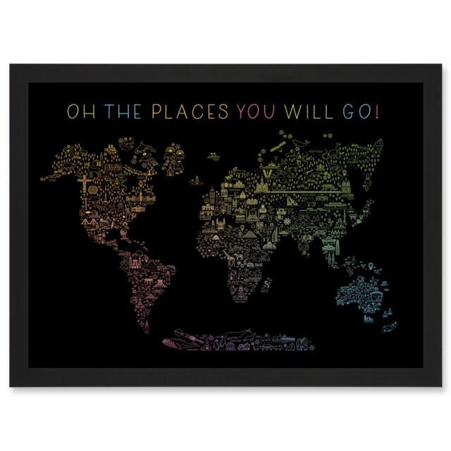 Artery8 World Travel Landmark Line Map Oh The Places You Will Go Rainbow Black Artwork Framed Wall Art Print A4 - image 1