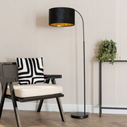 ValueLights Curva Black Arched Floor Lamp with Black Velvet & Gold Inner Lamp Shade - thumbnail 3