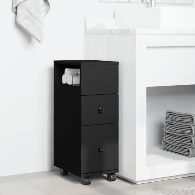 Berkfield Home Narrow Bathroom Cabinet with Wheels Black Engineered Wood - image 1