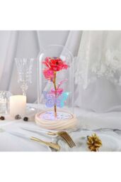 Living and Home Eternal Butterfly Rose in Glass Dome with Wooden Base & LED Lighting for Gifts in Red - thumbnail 3