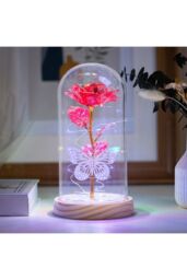 Living and Home Eternal Butterfly Rose in Glass Dome with Wooden Base & LED Lighting for Gifts in Red - thumbnail 1