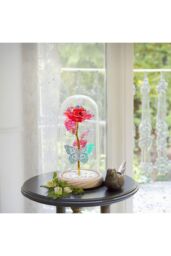 Living and Home Eternal Butterfly Rose in Glass Dome with Wooden Base & LED Lighting for Gifts in Red - thumbnail 2