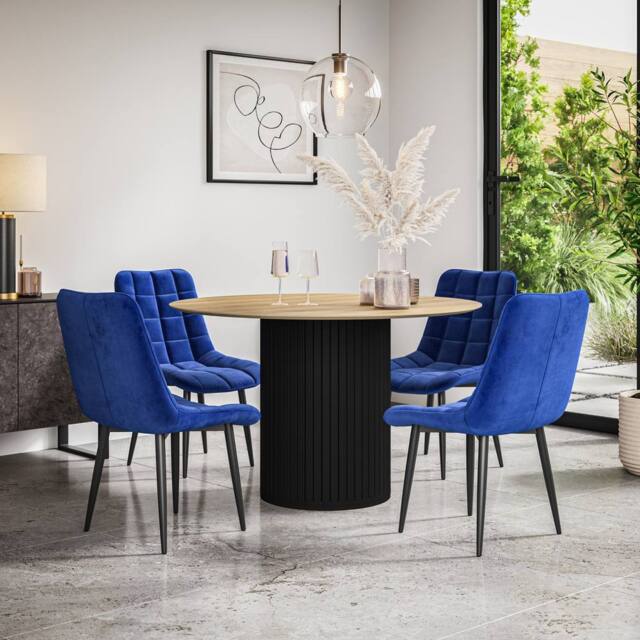 More4Homes Arlo Oak Table Top W Black Legs + Nova Velvet Dining Chair Set Of 6 in Blue - image 1