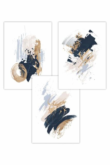 ARTZE Set of 3 Abstract Navy Blue Ivory & Gold Oil Strokes Art Posters - Size: W50 cm x H70 cm - image 1
