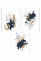 ARTZE Set of 3 Abstract Navy Blue Ivory & Gold Oil Strokes Art Posters - Size: W50 cm x H70 cm - thumbnail 1