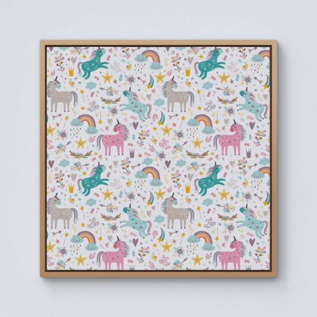 Warren Reed - Designer Unicorn & Rainbows Framed Canvas in Light Brown - Size: w40 inch x h40 inch - image 1