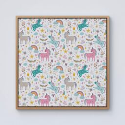 Warren Reed - Designer Unicorn & Rainbows Framed Canvas in Light Brown - Size: w40 inch x h40 inch - thumbnail 1
