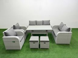 Fimous PE Rattan Garden Furniture Set Reclining Chair Sofa Double Love Seat 2 Seater Sofa Lounge Set Rectangular Dining Table 2 Stools Light Grey - thumbnail 1