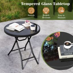 Costway Folding Glass Table Portable Patio Coffee Table w/Footpads-Black in Black - thumbnail 6
