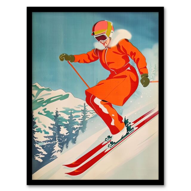 Artery8 Wall Art Print Woman Skier Skiing Mountain Slope Snow Alps Art Framed Poster in Black - Size: A4 - image 1