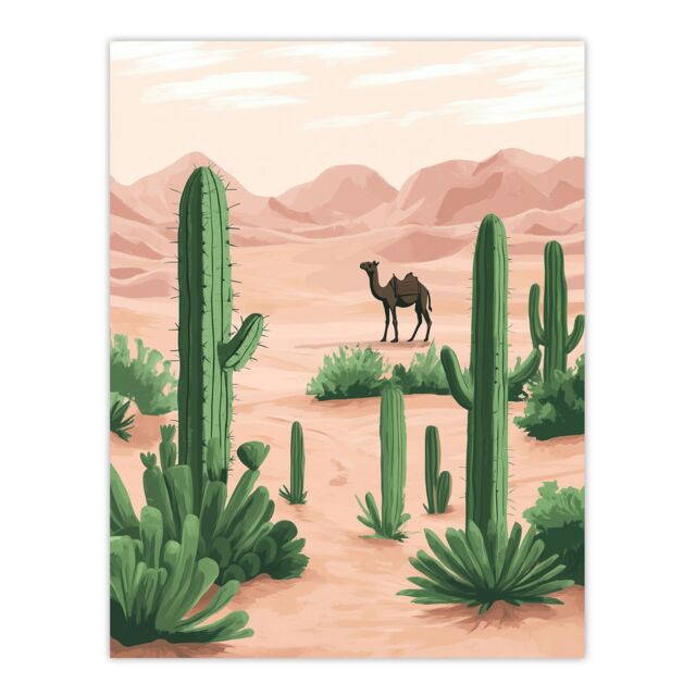"Artery8 Camel in Pastel Pink Desert Sand Dunes & Cacti Wall Art Print in Beige - Size: W12"" x H16""" - image 1